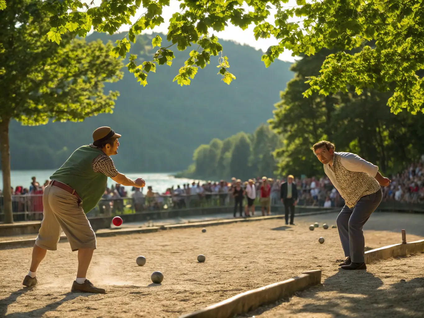 An action shot of a competitive boule lyonnaise match taking place in the indoor boulodrome, showcasing the intensity and skill of the players.