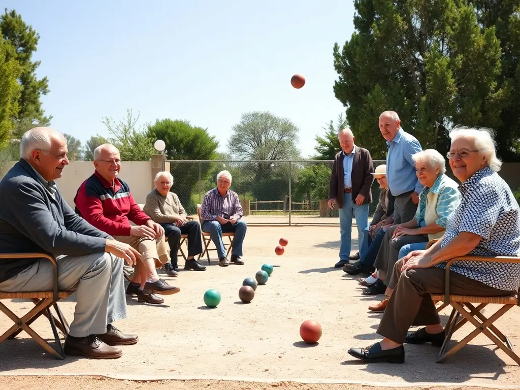 A photograph of a group of seniors participating in a recreational pétanque session, laughing and enjoying the social aspect of the game.