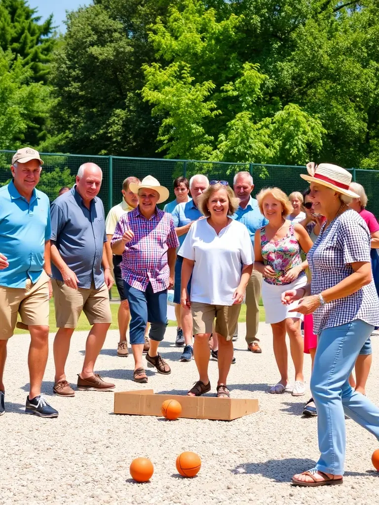 A photograph of a group of people playing pétanque indoors at the ASS DIJON BOULODROME COUVERT, focusing on the camaraderie and enjoyment of the game.